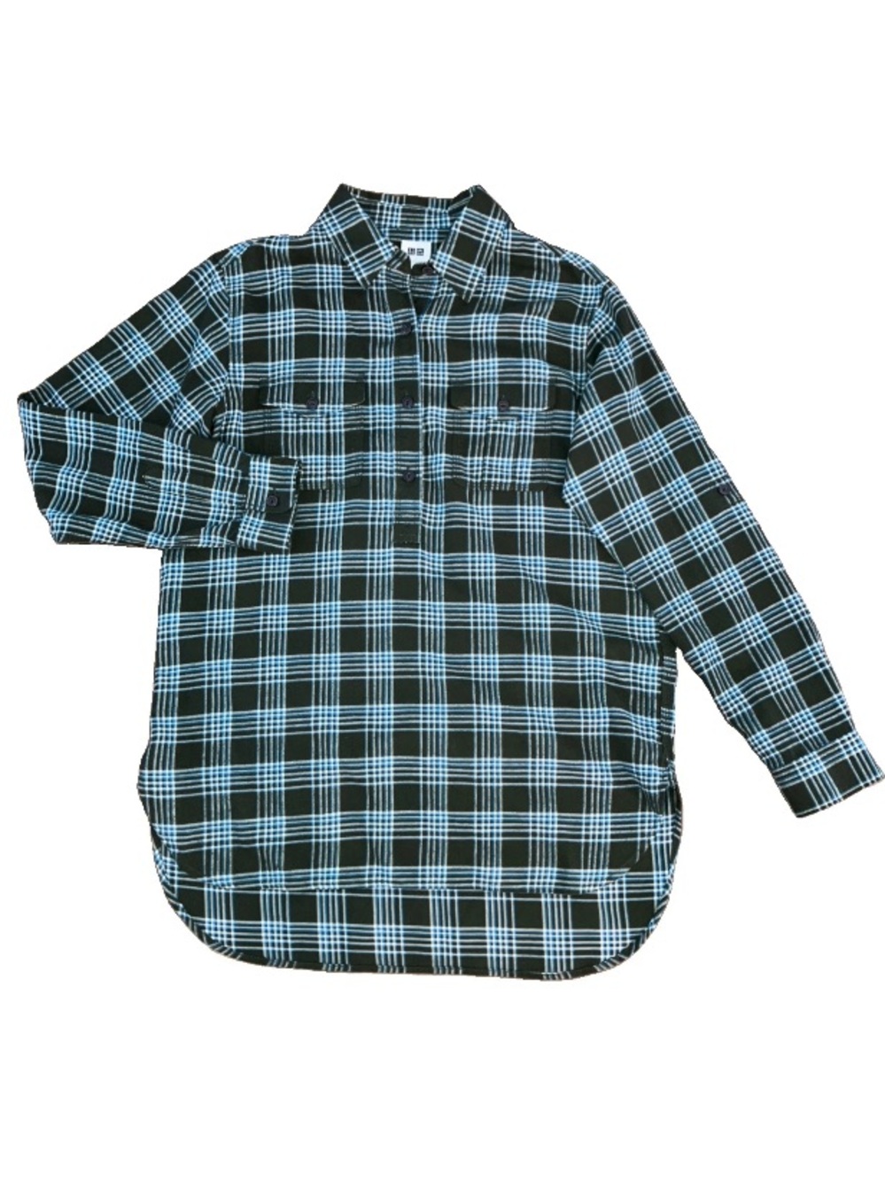 Uniqlo Women’s M. Flannel Green Plaid Long Sleeve Henley Tunic Pullover Outdoor